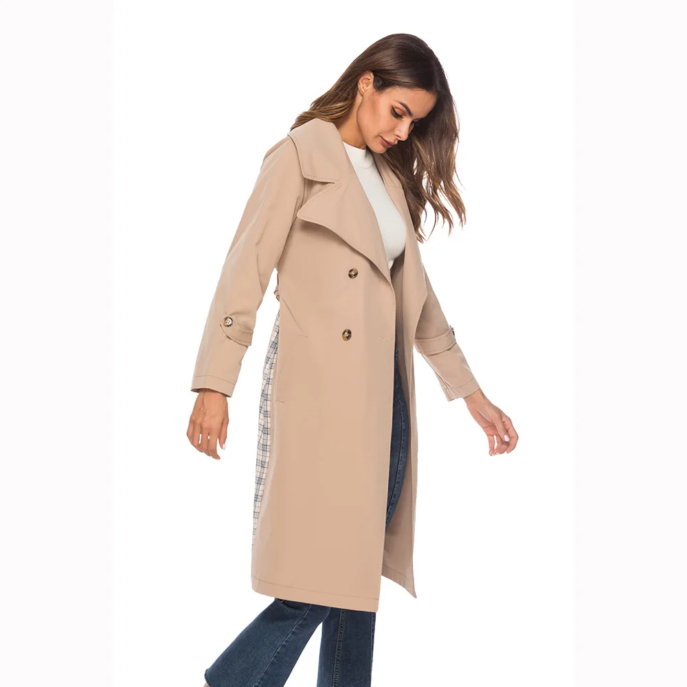 2018 Осень Зима Новая женская ветровка Kahki Плед Turn-Down воротник с длинным рукавом