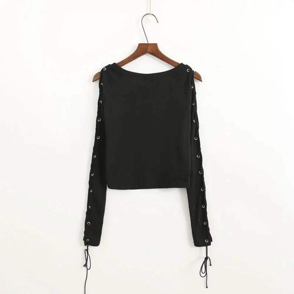 Женская мода Loose Lace up с длинным рукавом Crop Tops Повседневная Блузка трикотаж| |