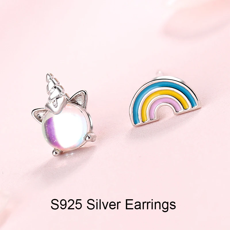 S925 Silver Earrings Серебряный Радужный Единорог животное браслет цепочка 925 счастливый лунный камень браслет для женщин аксессуары для вечеринки по случаю Дня рождения подарок - Окраска металла: S925 Silver Earrings
