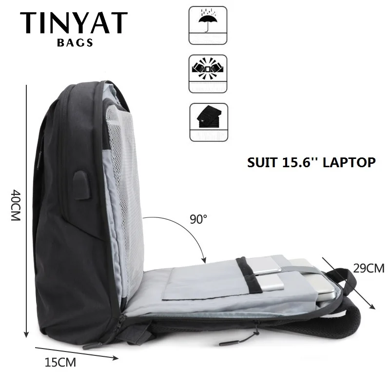 рюкзак мужской Мужской для ноутбука с USB портом TINYAT диагональю 15 6 дюймов