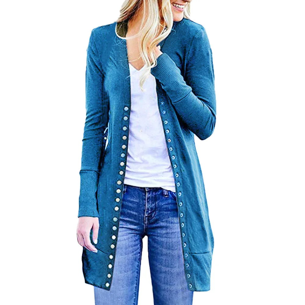 Sky Blue Модная женская верхняя одежда с длинным рукавом на кнопках, однотонный вязаный кардиган в рубчик, пальто, женские повседневные куртки, топы - Цвет: Sky Blue
