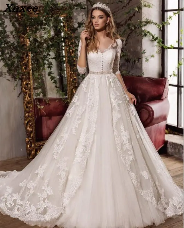 Robe de mariee винтажное кружевное платье для свадьбы, элегантное Тюлевое ТРАПЕЦИЕВИДНОЕ ПЛАТЬЕ С v-образным вырезом и пуговицами, свадебное платье принцессы со шлейфом
