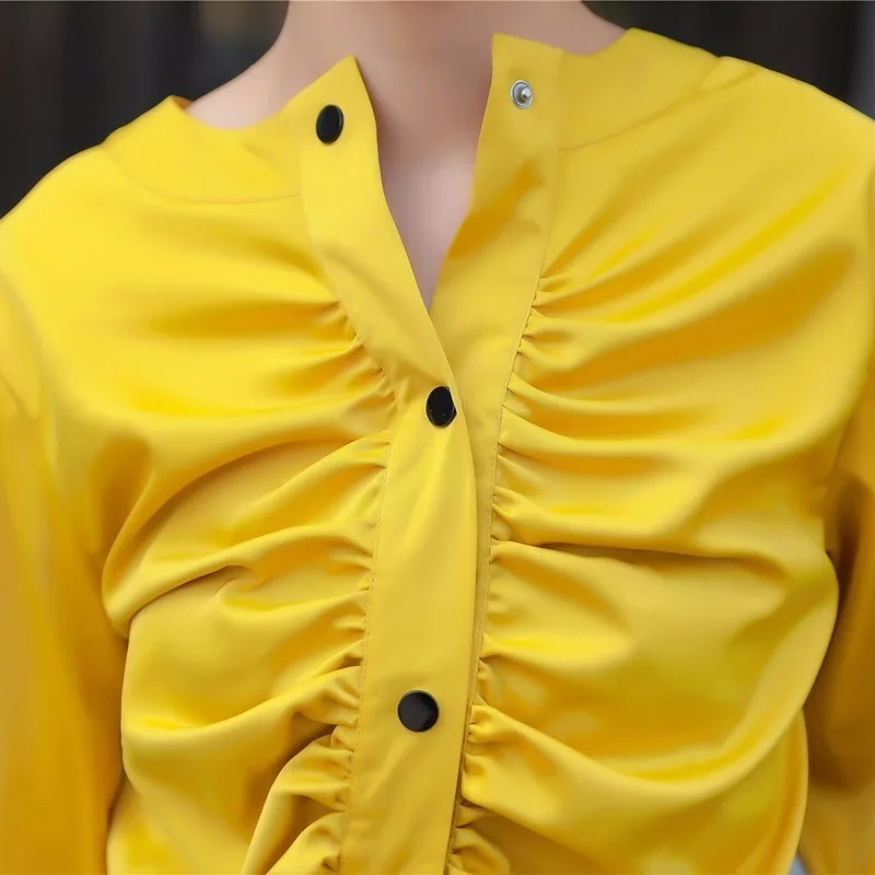 TWOTWINSTYLE Ruched рубашка Топ для Для женщин Однобортный желтого цвета с длинными
