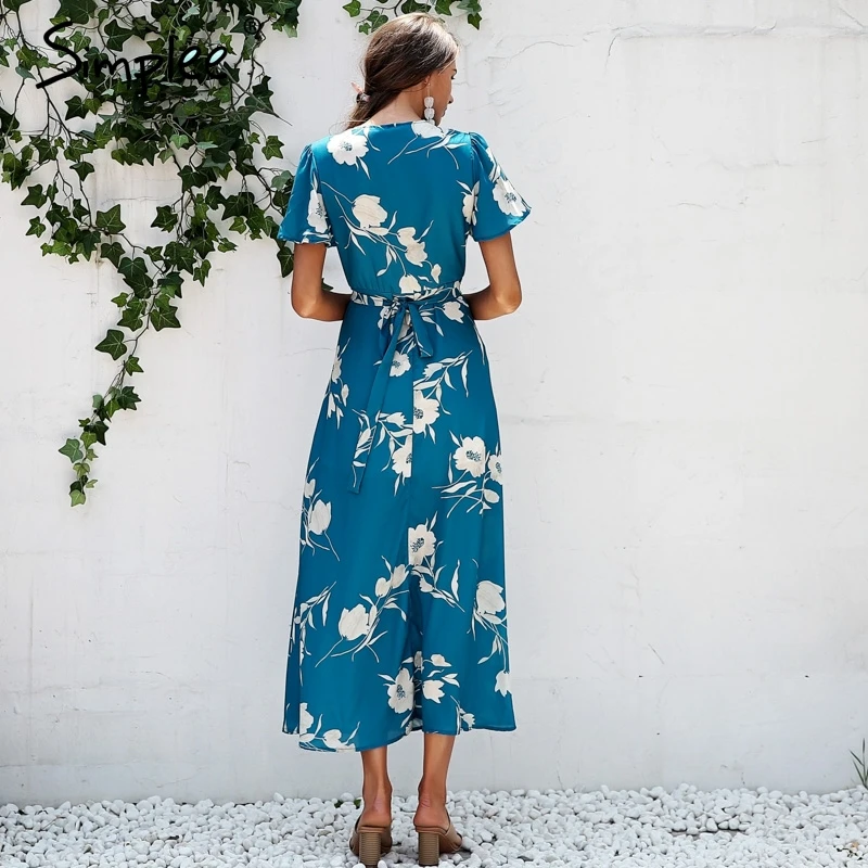 Simplee Boho цветочным принтом платье макси женские пикантные v шеи обернуть длинное с
