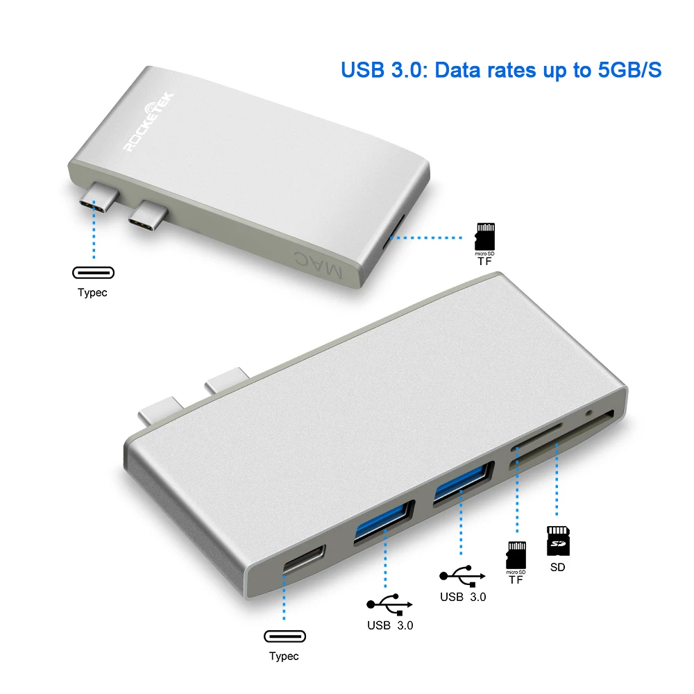 ROCKETEK Multi type-C 3,0 USB концентратор адаптер питания интерфейс разветвитель SD/TF кардридер для MacBook Pro ПК Аксессуары для ноутбуков