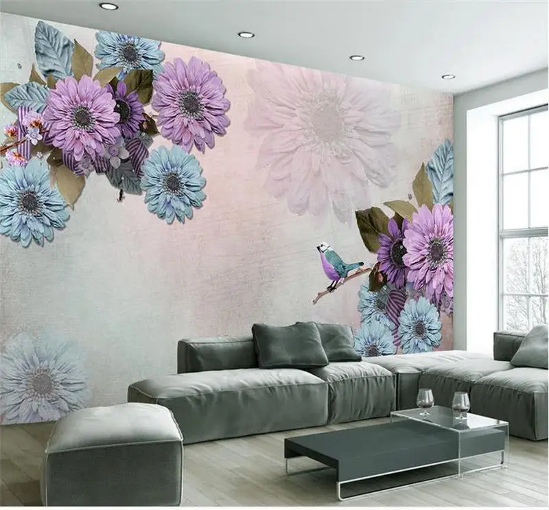 

Пользовательские 3d фото обои Гостиная Спальня роспись Фиолетовый Европейский Цветок Птица 3d картина домашний декор диван ТВ фон обои
