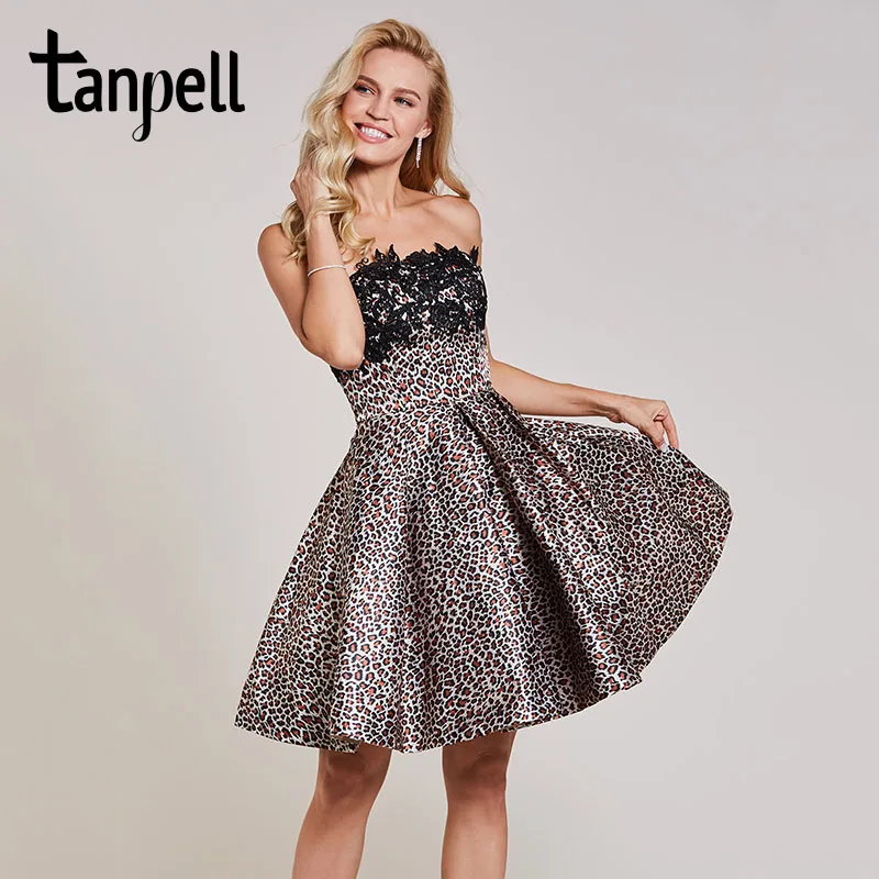 

Tanpell strapless cocktail dress black sleeveless appliques knee length a line gown women ruched short party cocktail dresses