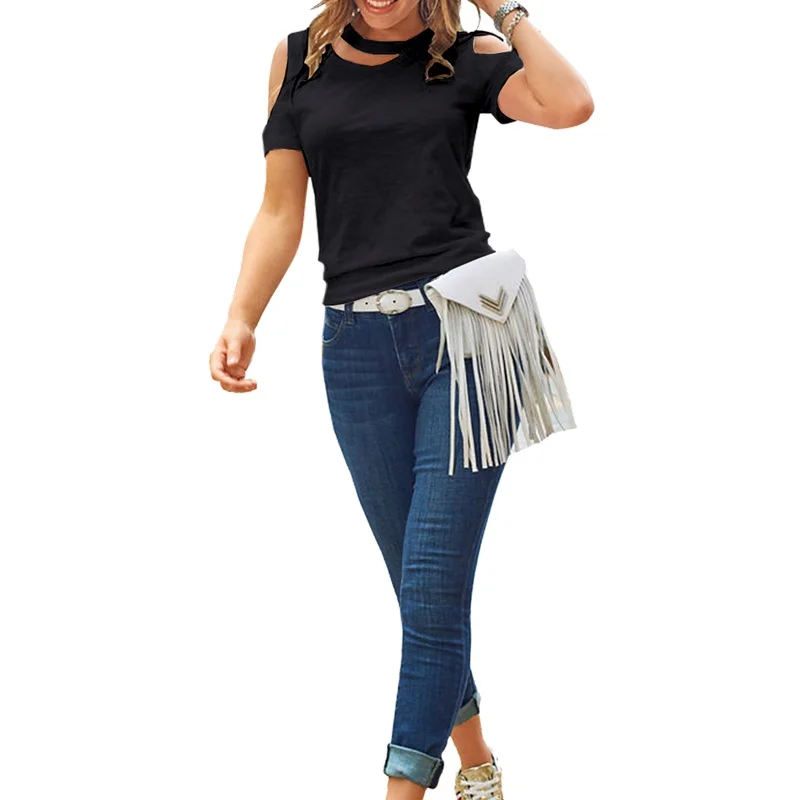 Модные футболки летние дышащие тонкие для женщин полые out ассиметричный с