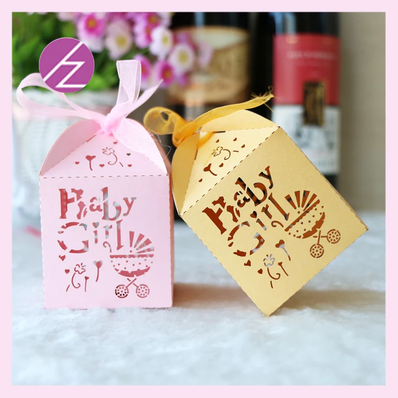 

100Pcs/Lot Sweet Birthday Party Decorations Candy Box Laser Cut Carved Baby Carriage Pattern Baby Shower Favor Box