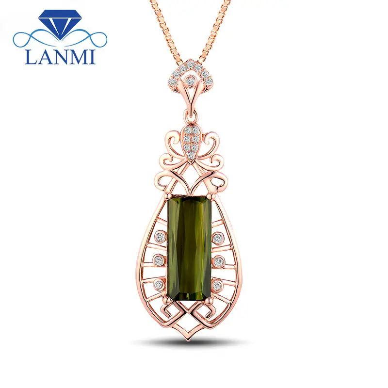 

LANMI New Style 18K Rose Gold Pendant Rectangular Cut Natural Diamond Green Tourmaline Vintage Pendant Necklace For Women Gifts