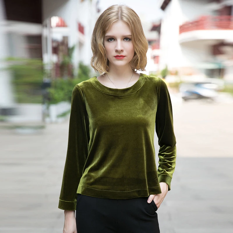 Elegant Solid Color Velvet O-neck Women Tops Long Sleeve Slim Casual Shirts Black Velour Blouse roupas femininas t-shirts | Женская