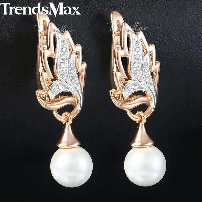 Серьги-подвески женские из розового золота 585 пробы с жемчугом и фианитами KGE114 |