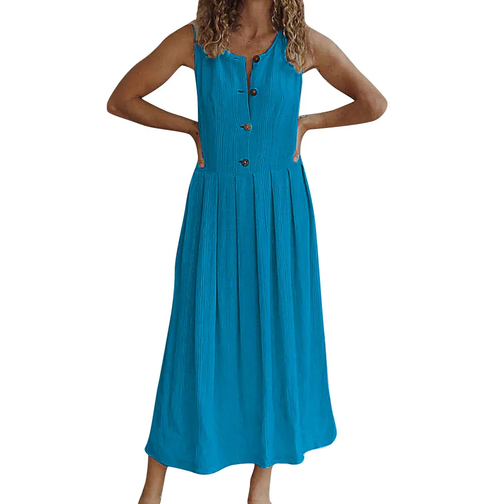 Модное женское однотонное платье на пуговицах с круглым вырезом без рукавов