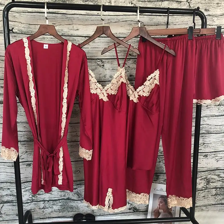 Wine Red Женская атласная пижама, 5 шт., пижама, кружевная Пижама, пижама на бретельках, шелковая ночная Домашняя одежда, пижамный комплект - Цвет: Wine Red