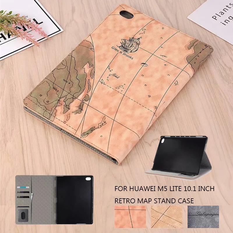 Чехол для Huawei MediaPad M5 Lite 10 Женский/L09/W09 Ретро Карта мира ПУ кожаный смарт чехол с