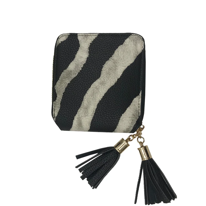 Black wallet Европейский и американский стиль, женский короткий кошелек, Женский кошелек на молнии, модный кошелек с рисунком зебры, кисточка, сумка для девушек, кошелек карта Упаковка - Цвет: Black wallet