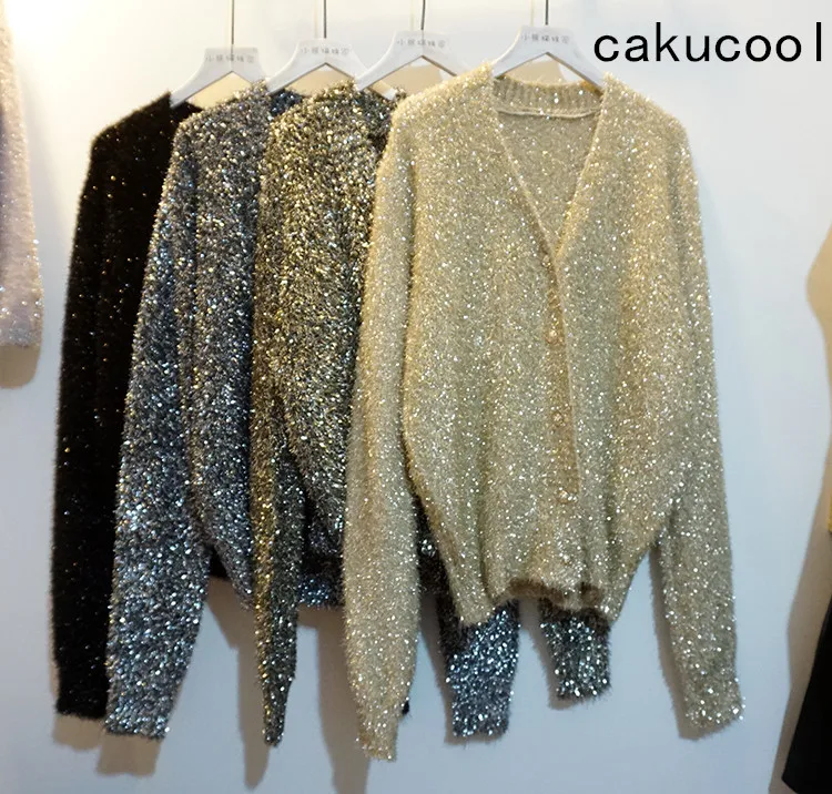 Cakucool Для женщин весенние золотые свитер из люрекса Bling однобортный со стразами