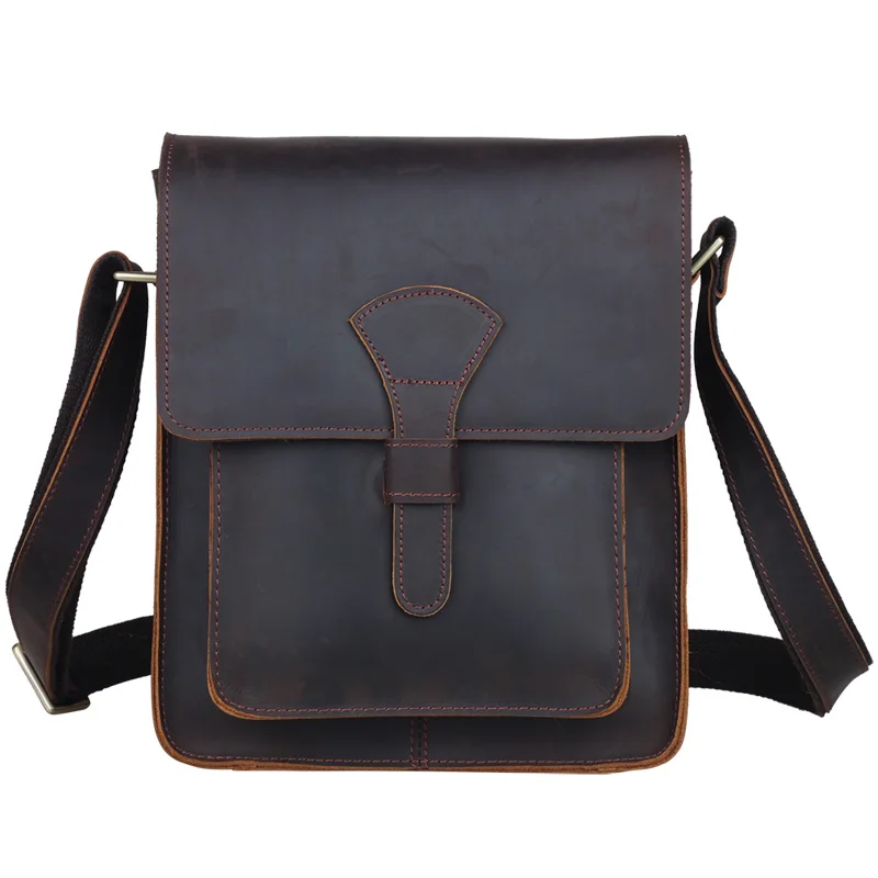 Мужская кожаная сумка мессенджер TIDING через плечо темно коричневая винтажная