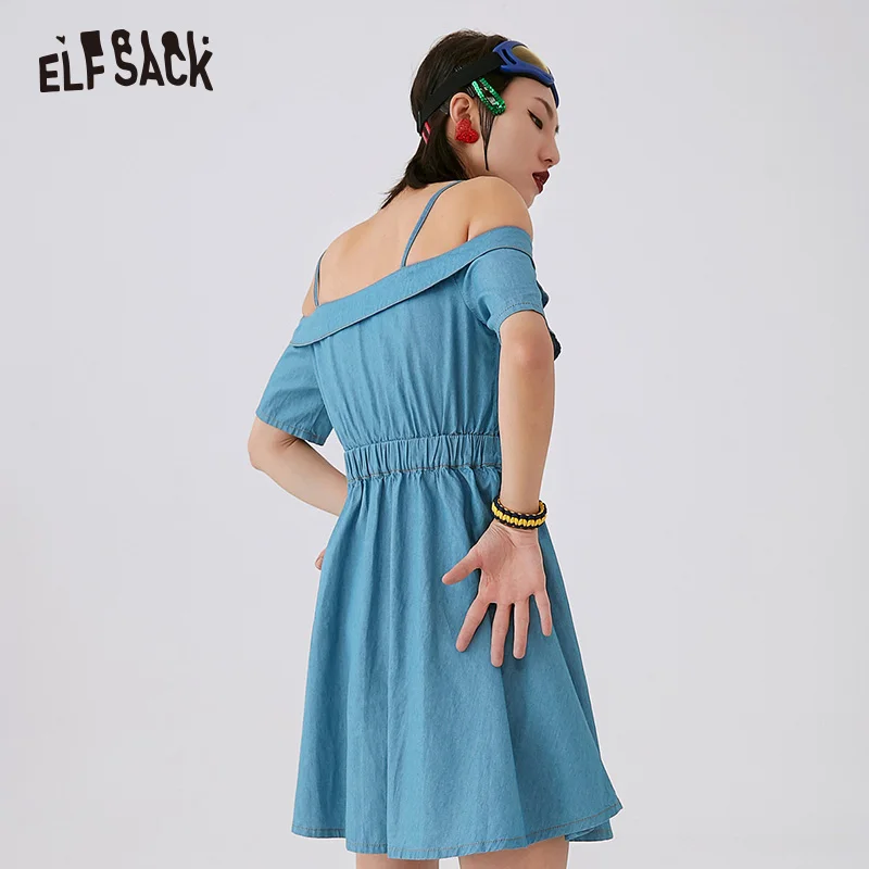 Женские винтажные джинсовые платья ELF SACK небесно голубое дамское хлопковое