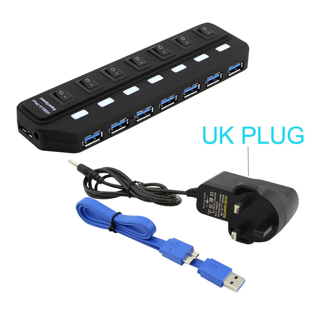 CHYI 7 портов USB 3,0 концентратор USB-A до USB3.0 светодиодный переключатель ВКЛ./ВЫКЛ. Постоянного тока 5 В/2 А Блок питания высокоскоростной разветвитель адаптер для портативных ПК
