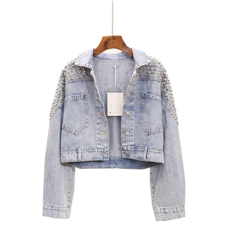 

Streetwear Rivets Denim Jackets For Woman Loose Single Breasted Jean Coats Ladies Outerwear Short Jackets Jaqueta