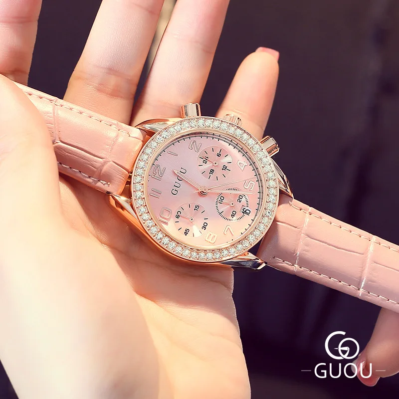 AAA GUOU Роскошные модные женские нарядные часы из натуральной кожи кристаллический
