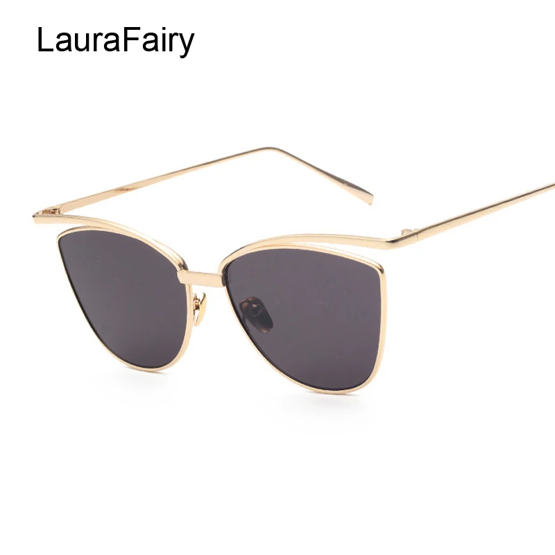 

LauraFairy Gold Frame Cat Eye Sunglasses Women Brand Designer Eyebrow Mirror Transparent Lens Sun Glasses Female 9840