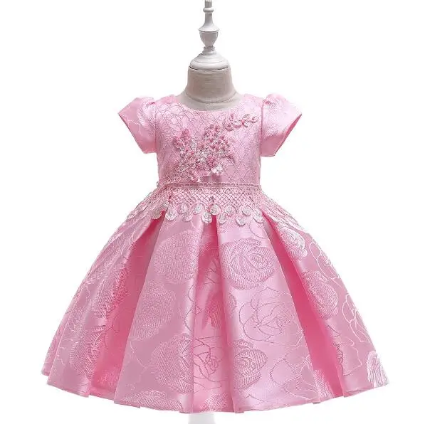 L5129- Pink Бальное платье с короткими рукавами; Атласное Бальное Платье; праздничное платье; платья для девочек с цветочным узором на свадьбу; вечерние платья для маленьких детей - Цвет: L5129- Pink