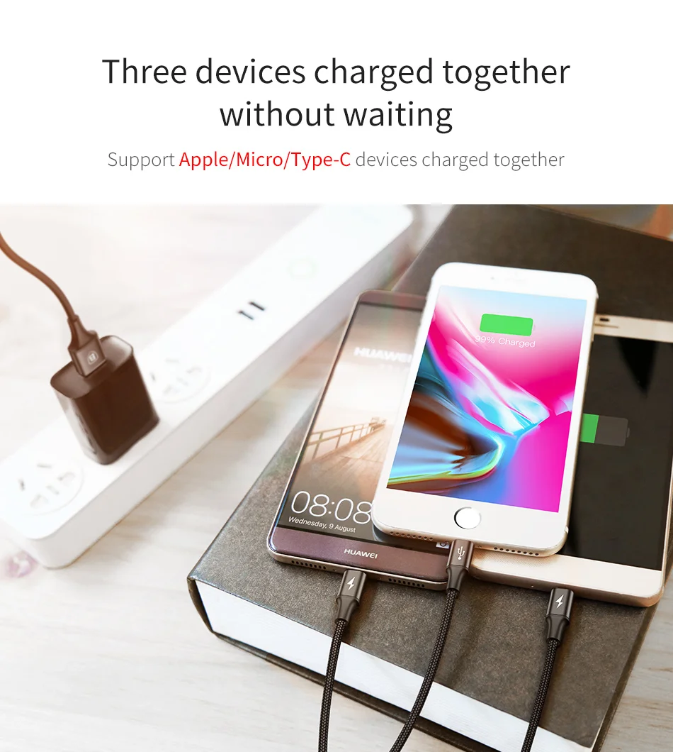 Baseus 2 в 1 Micro usb type C кабель для samsung Xiaomi мульти быстрое зарядное устройство кабель 3 в 1 Microusb кабель для мобильного телефона для iPhone