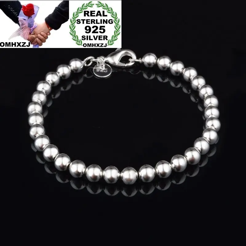 

OMHXZJ Wholesale Personality Fashion OL Woman Girl Party Gift Silver 6mm Hollow Beads Chain 925 Sterling Silver Bracelet BR01