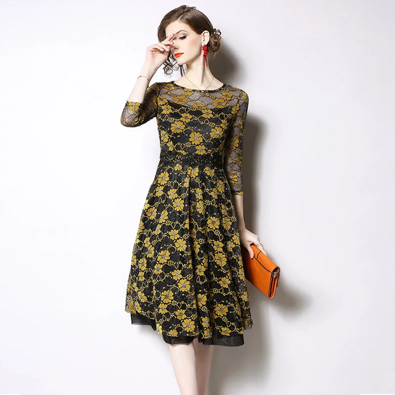 2019 летнее платье с круглым вырезом рукавом три четверти элегантное кружевное