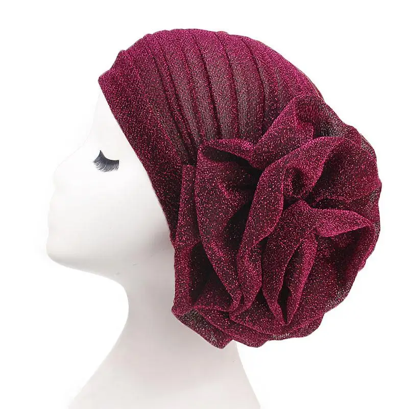 Muslim Women Turban India Beanie Hat Flower Stretch Arab Hat Head Scarf Wrap Cap Jersey Cover Bonnet Glitter Headwear Fashion
