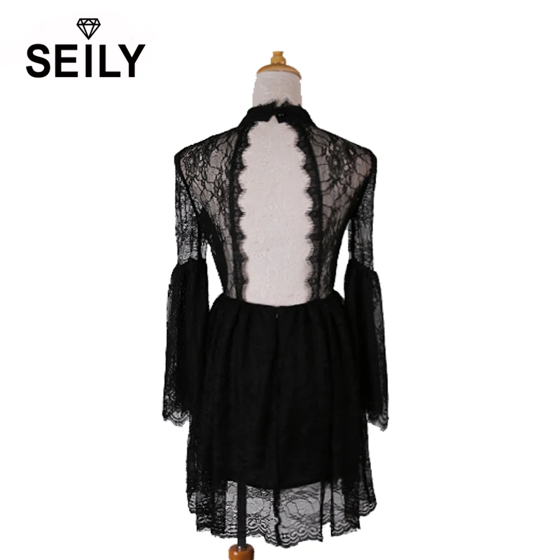 Sweet лето черного кружева мини тонкий рябить dress sexy спинки длинные flare рукавом