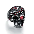 Кольцо мужское из нержавеющей стали, винтажное Ювелирное Украшение в стиле панк с красным кубическим цирконием, черным глазом, с изображением черепа в байкерском стиле, вечерняя мода