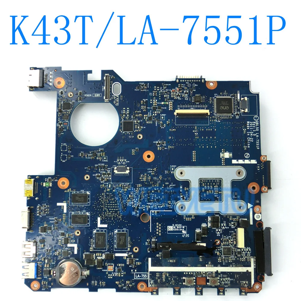 Материнская плата K43T/LA 7551P для ноутбука ASUS K43T K43TA K43TK X43T материнская REV 1 0 100%