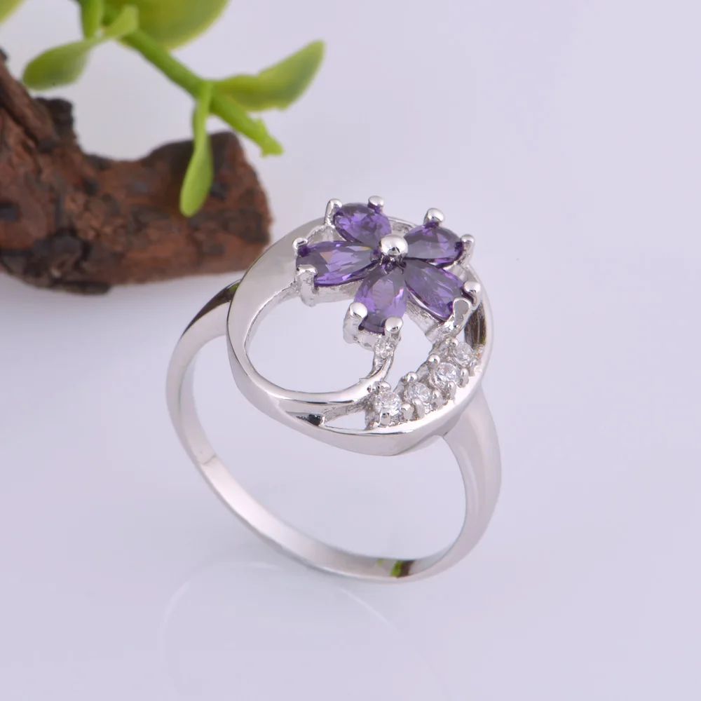 Wedding Nice Plating Jewelry Set for Women Purple Petal Shape Crystal Earrings/Rings Accessories Sets Ring with Size 6- 9 | Украшения и