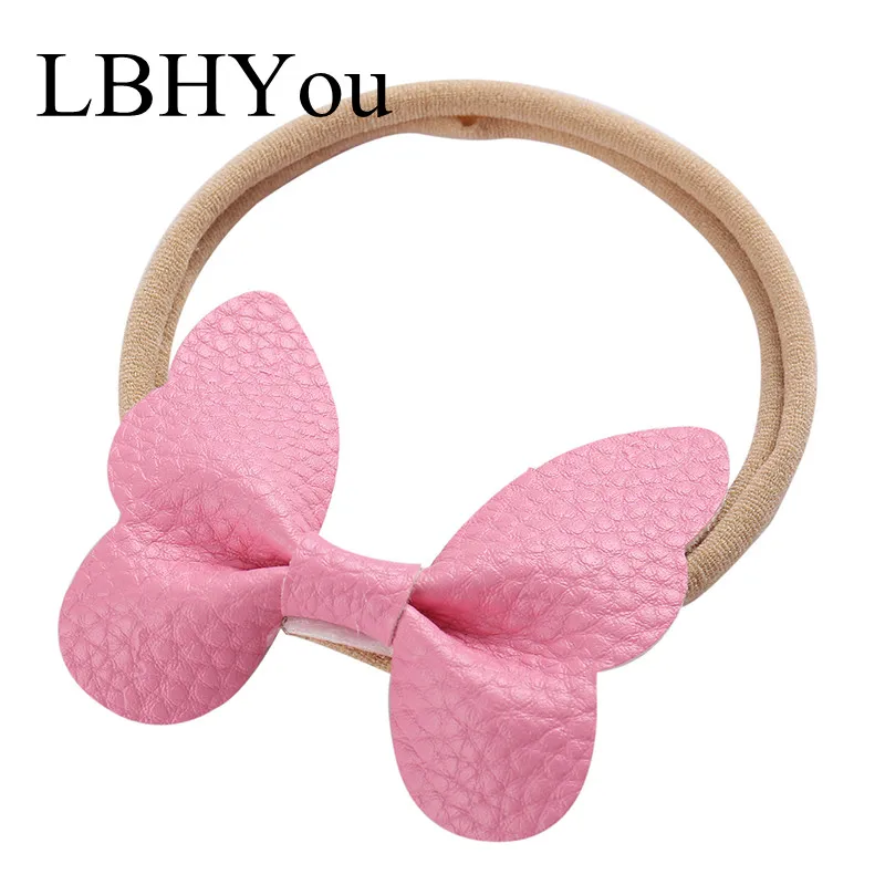 

7pcs/lot Handmade Faux PU Leather Butterfly Nylon Headbands,Candy Color Soft Nylon Hair accessories For Baby Girls Head Wear