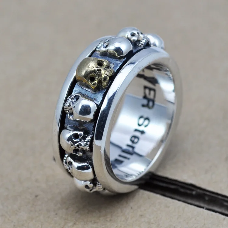 S925 Серебряное кольцо мужской серебрянное кольцо с черепом, вращающиеся кольца являются властная ретро кольцо панк рок
