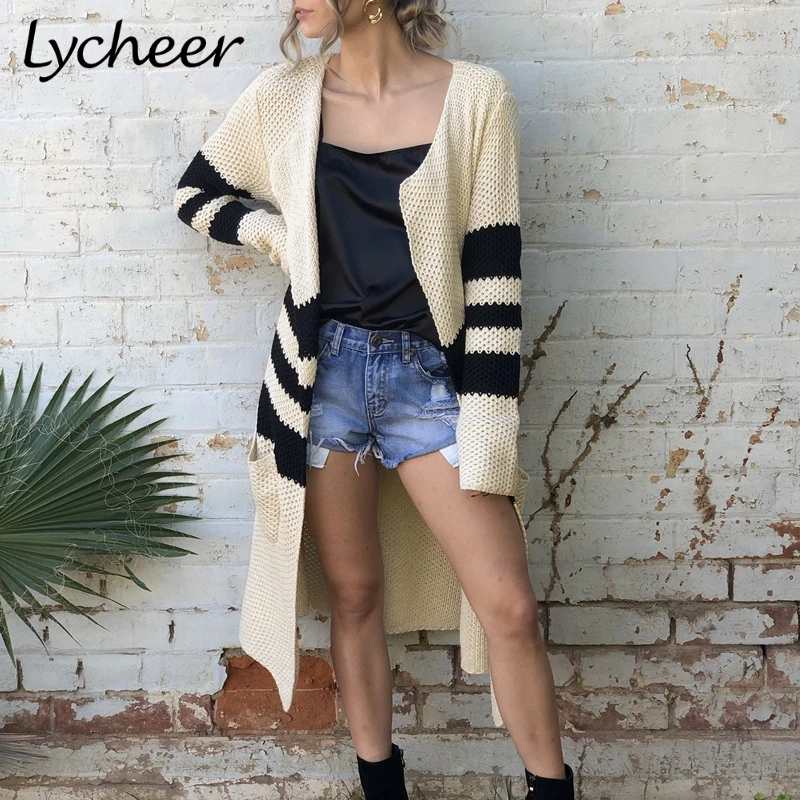 Женский вязаный кардиган в полоску Lycheer повседневный длинный свободного кроя
