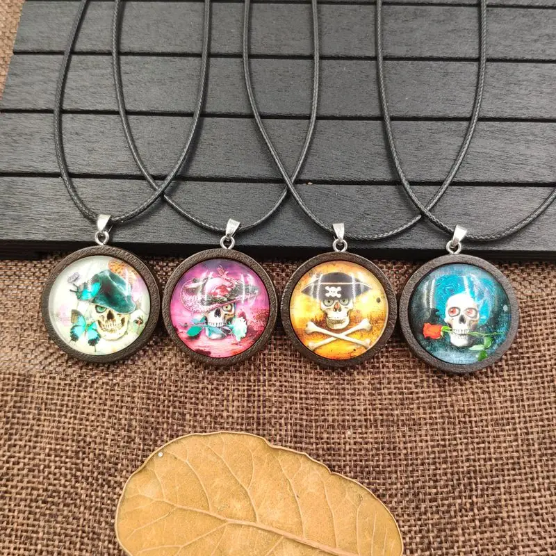 Панк Цепочки и ожерелья деревянный кулон веревка с драгоценными камнями череп