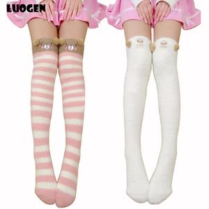 Милые зимние теплые чулки с мультяшным медведем овечкой до бедра флисовые чулки Лолита для девочек толстые носки выше колена в полоску