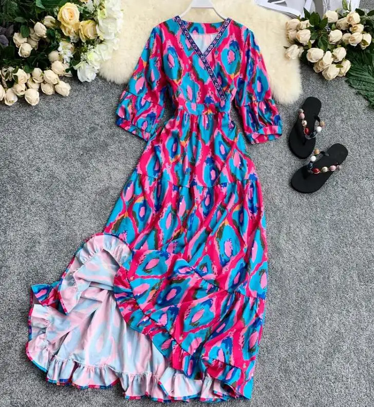 

Women's spring summer v neck print long dress female high waist slim vacation beach dress TB1333