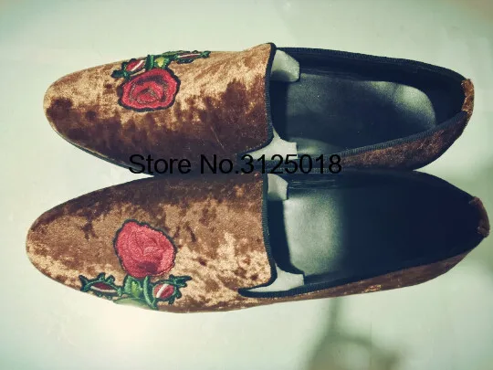 Мужские свадебные туфли коричневые на плоской подошве с цветочной вышивкой