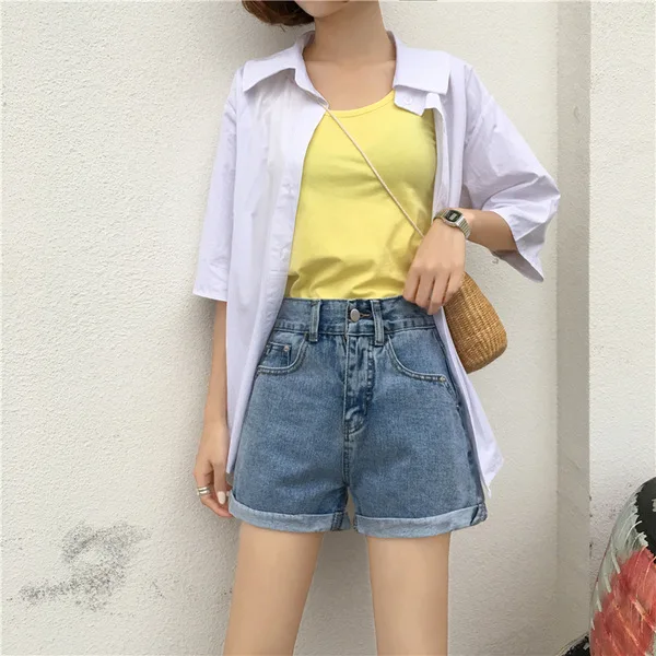 Джинсы с высокой посадкой 2019 прямые шорты карманами для завивки|Комбинезоны c