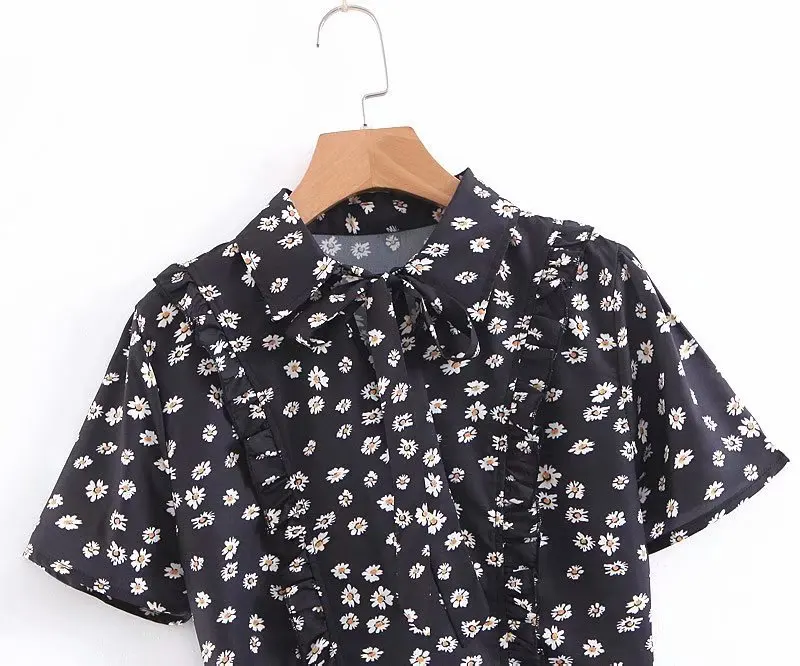 2019 Bohemian dress black floral bow short sleeve retro Harajuku cute girl mother beach | Женская одежда