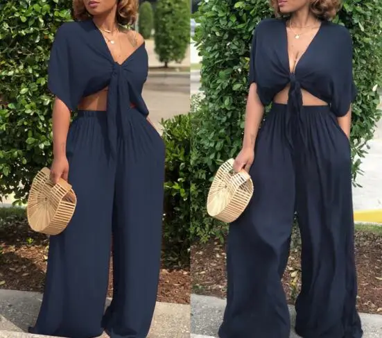 2018 summer hot 2-pieces solid 5-colors long jumpsuits women short sleeve V-neck jumpsuits hollow out loose jumpsuits A7003