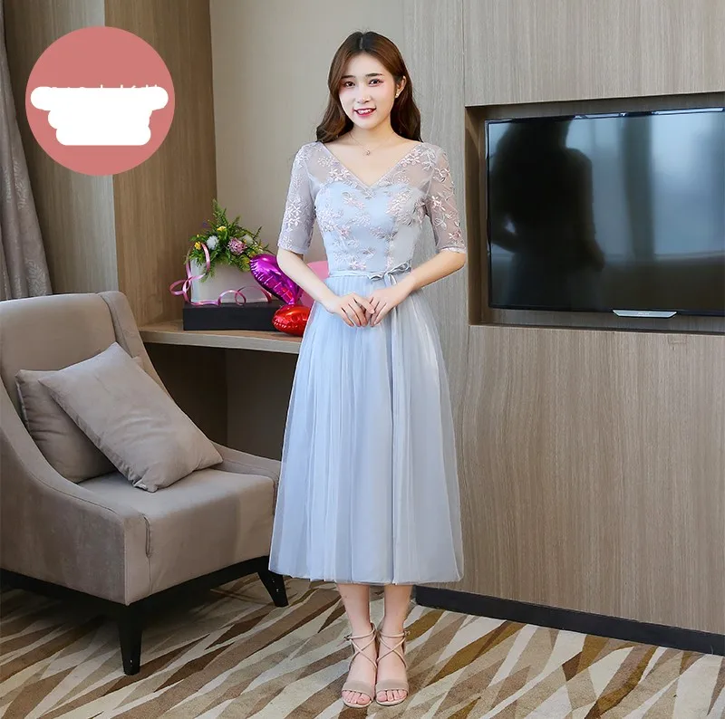 Сине серое платье миди платья подружки невесты с коротким рукавом для свадебной