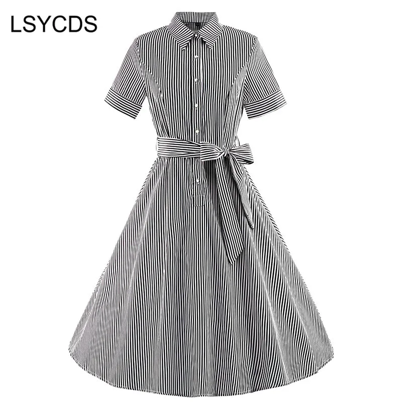 LSYCDS женское Элегантное летнее платье в полоску 2018 с короткими рукавами длиной до