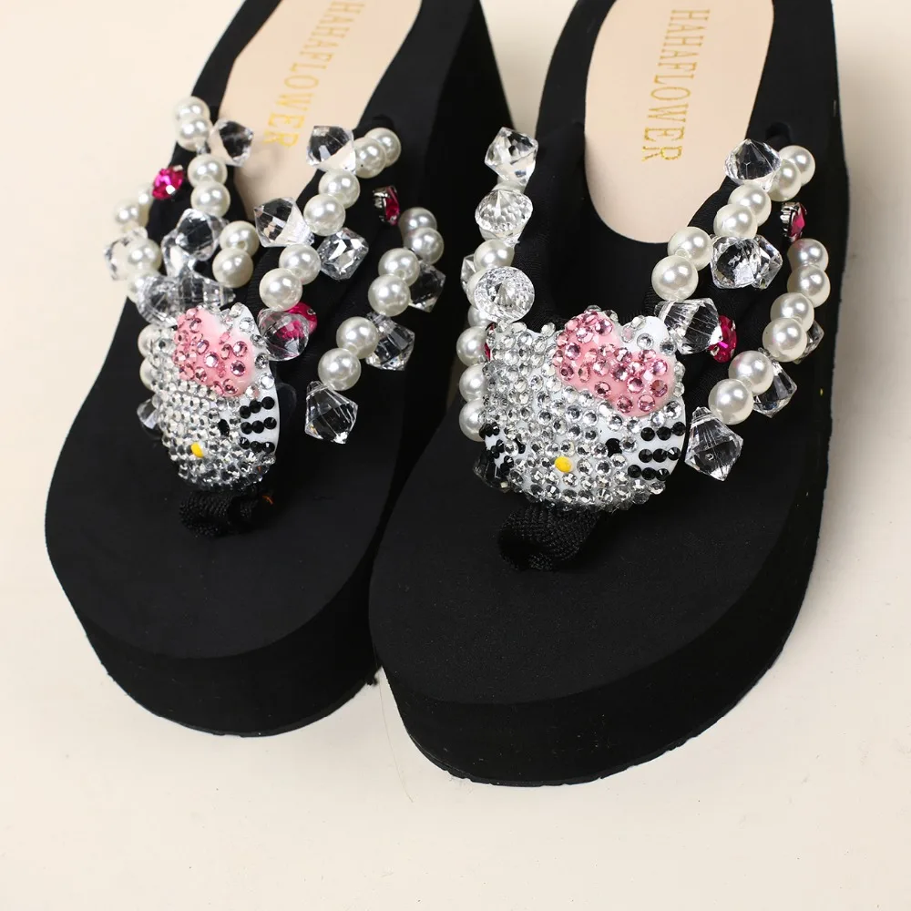 Женские Вьетнамки с кристаллами kitty блестящие пляжные шлепанцы на танкетке