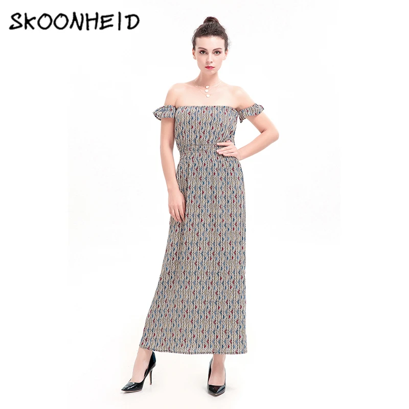 Skoonheid Boho Цветочный Печати Шифон Длинное Платье Женщины Пляж Лето Slash Шеи Вскользь